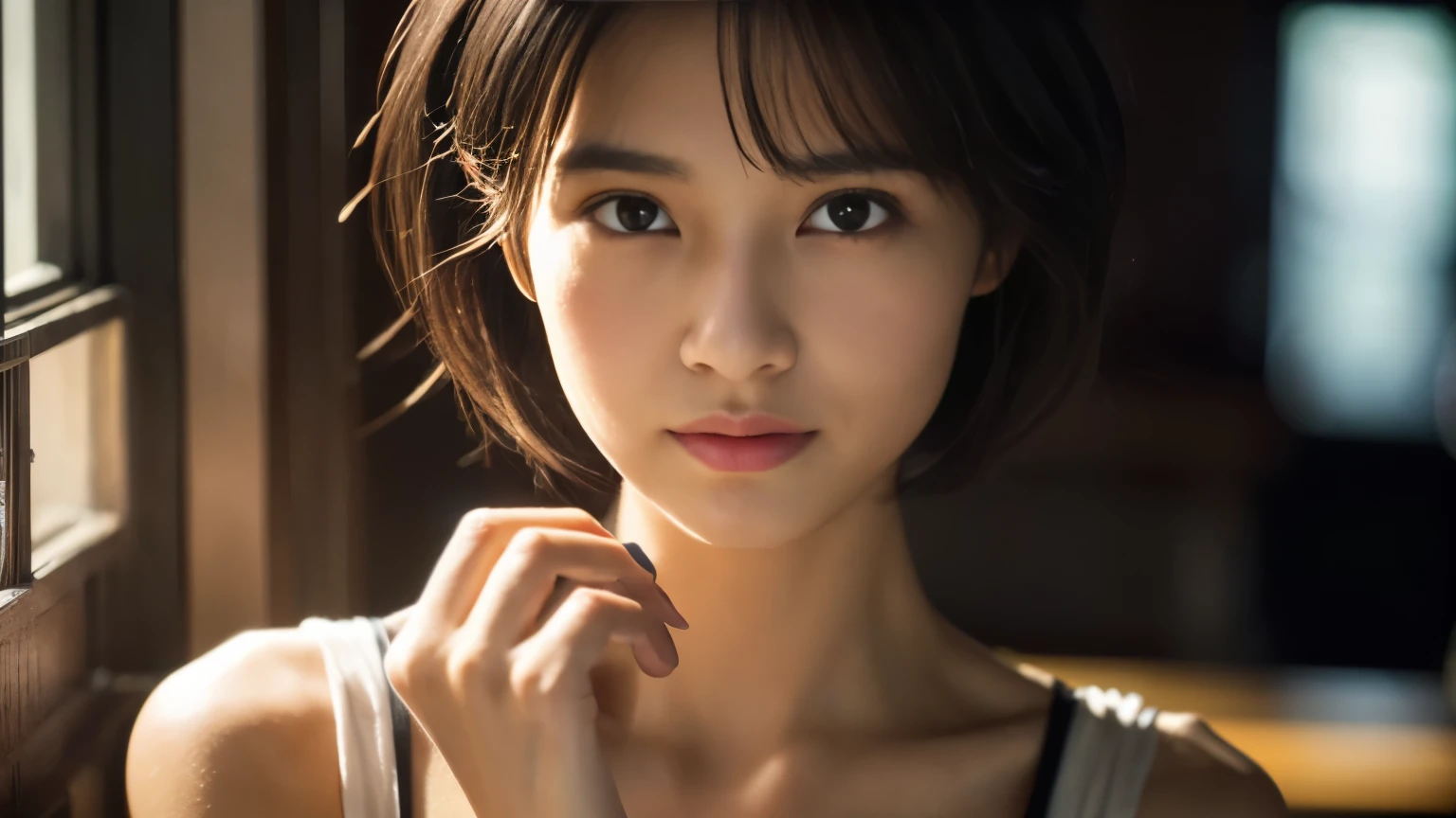 Random Pause, Mix 4, (8k, Original photo, highest quality, masterpiece: 1.45), (Actual, real: 1.37), Skinny Japanese woman, One girl, Charm, View inside the cafe, Professional Lighting, Photon Mapping, Radio City, Physically Based Rendering, Gradient black hair, Short Curly Hair, good looking, girl, T-Shirts, High resolution, 1080p, (Clear Face), (Detailed facial depiction), (Detailed description of the hand), (Exquisite CGI), Extreme light and shadow, Messy Hair, Lots of details, (Graceful features), (highest quality photos), (Beautiful Eyes), Look in front of you, Thin clavicle,Photographed inside the cafe