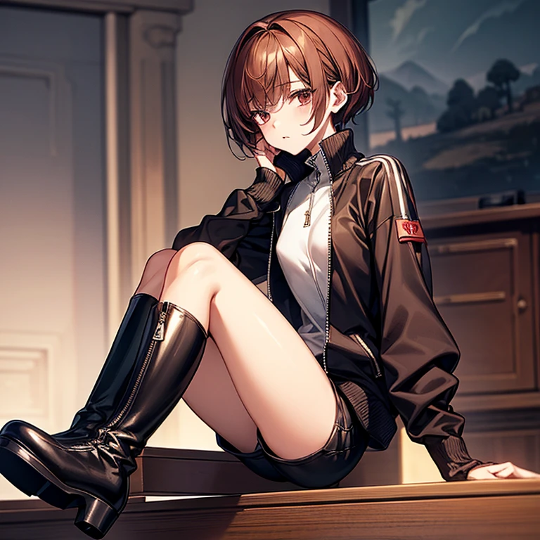 masterpiece、Subtle details、Slender beauty、expensive、slim、I like that style、Small breasts、Sharp eyes、younger sister、Pixie Cut、Short nape、Oversized zip-up jacket、Tight skinny pants、Platform boots、Reddish brown hair、