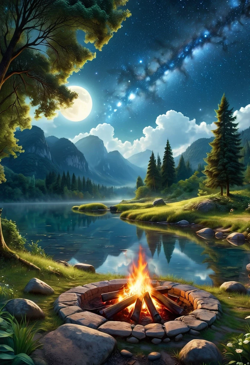 landscape, summer, night, forest, Bonfire in one place, unmanned, unmanned, Starry Sky, High definition details, Ultra Detailed, Movie, Surrealism, Soft Light, deep focus bokeh, Ray Tracing, Surrealism. , Art Station Pixiv Gees, author:Xin Haicheng, Art sprouts