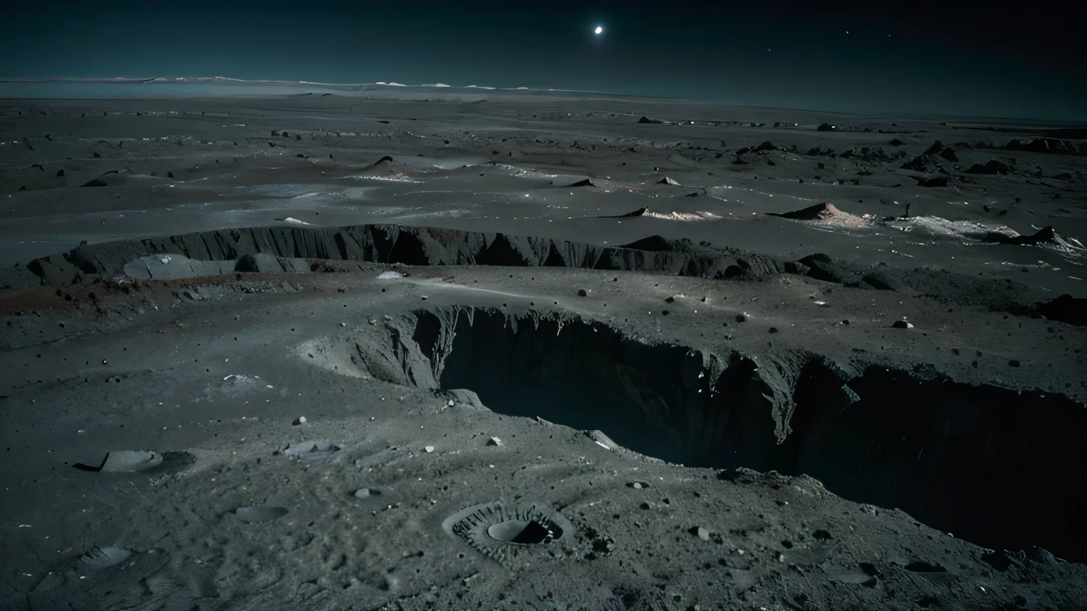 Imagine standing on the surface of the Moon, surrounded by an alien landscape unlike anything you've ever seen. Above you, the sky is a vast expanse of blackness, punctuated only by the distant stars and Earth hanging like a giant blue and white marble.

Beneath your feet stretches a desolate terrain, illuminated by the pale glow of sunlight. Craters of all sizes dot the surface, their rims casting long shadows across the rugged landscape. Some craters are shallow depressions, while others are deep, yawning pits, their interiors hidden in darkness.

In the distance, you see vast, dark plains known as maria, resembling ancient seas frozen in time. These smooth expanses stand in stark contrast to the rough, jagged highlands that rise up like frozen waves around them. The highlands are rugged and mountainous, their peaks casting sharp shadows as the sunlight dances across their uneven surfaces.

As you explore further, you come across winding channels called rilles, their sinuous paths cutting through the lunar surface like frozen rivers. Some rilles are shallow, while others are deep enough to disappear into the darkness below.

Everywhere you look, the ground is covered in a layer of fine dust and rocky debris known as regolith. With each step, your boots sink into the soft, powdery surface, leaving behind footprints that will remain undisturbed for millions of years.

In the distance, you see the bright streaks of rays extending outward from fresh craters, their white tendrils contrasting sharply against the dark lunar soil. And scattered across the landscape are the remnants of ancient impacts, ejecta blankets surrounding larger craters like frozen waves of debris.

This is the lunar landscape—a place of desolation and beauty, where the silence is deafening and the only sound is the soft crunch of regolith beneath your feet. It's a world waiting to be explored, a canvas of endless possibilities stretching out into the darkness of space.