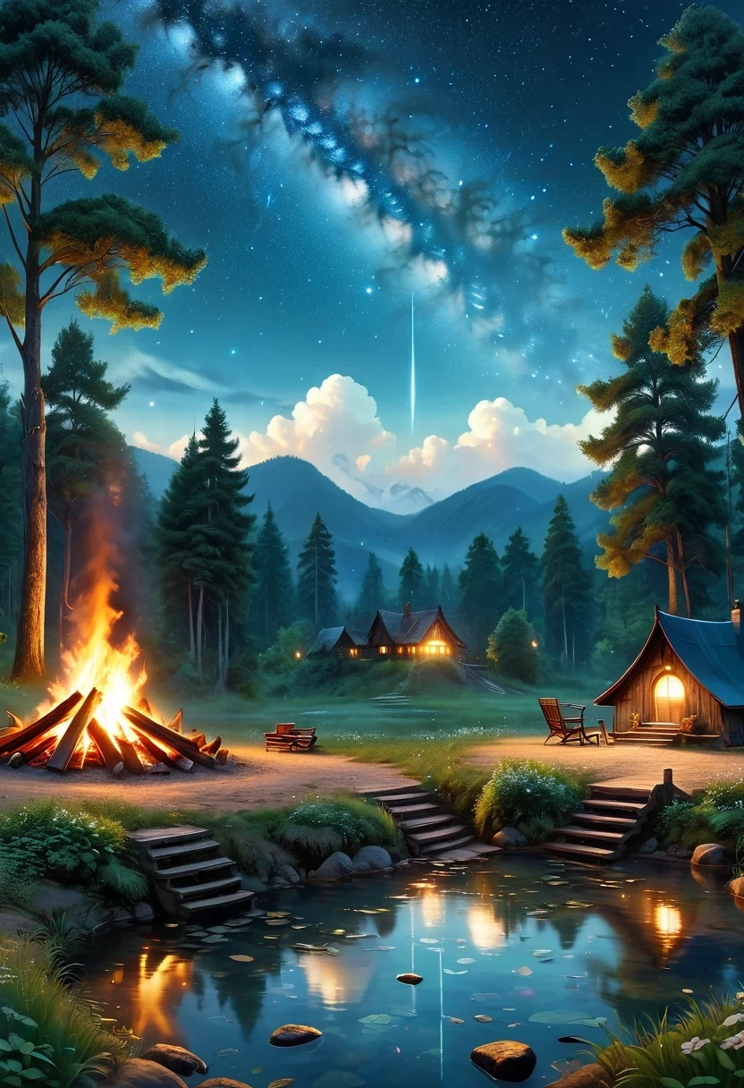 landscape, summer, night, forest, Bonfire in one place, unmanned, unmanned, Starry Sky, High definition details, Ultra Detailed, Movie, Surrealism, Soft Light, deep focus bokeh, Ray Tracing, Surrealism. , Art Station Pixiv Gees, author：Xin Haicheng, Art sprouts