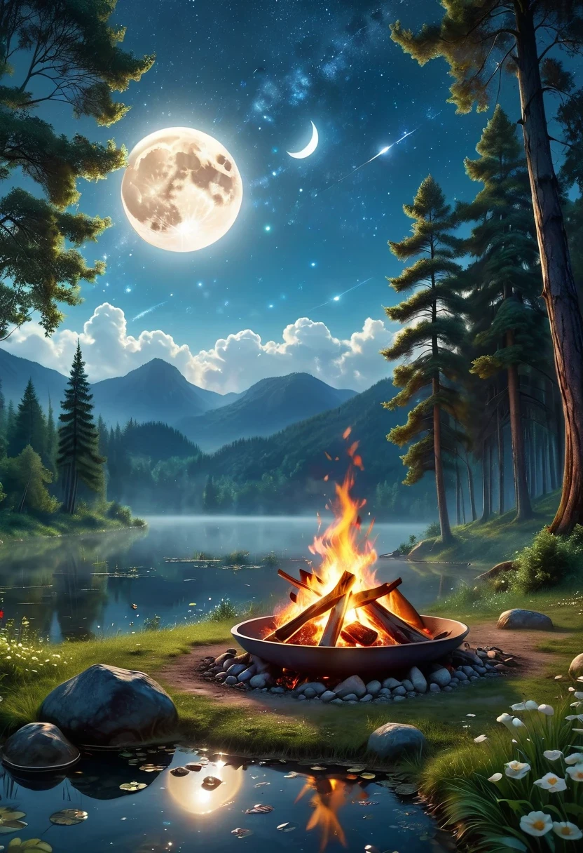 landscape, summer, night, forest, Bonfire in one place, unmanned, unmanned, Starry Sky, High definition details, Ultra Detailed, Movie, Surrealism, Soft Light, deep focus bokeh, Ray Tracing, Surrealism. , Art Station Pixiv Gees, author:Xin Haicheng, Art sprouts