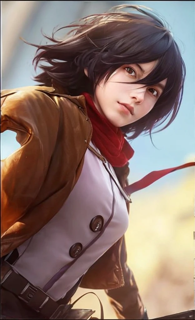 1girl, Mikasa Ackerman, Brown Jacket, Short hair, Black hair, realistic, Ultra detail,