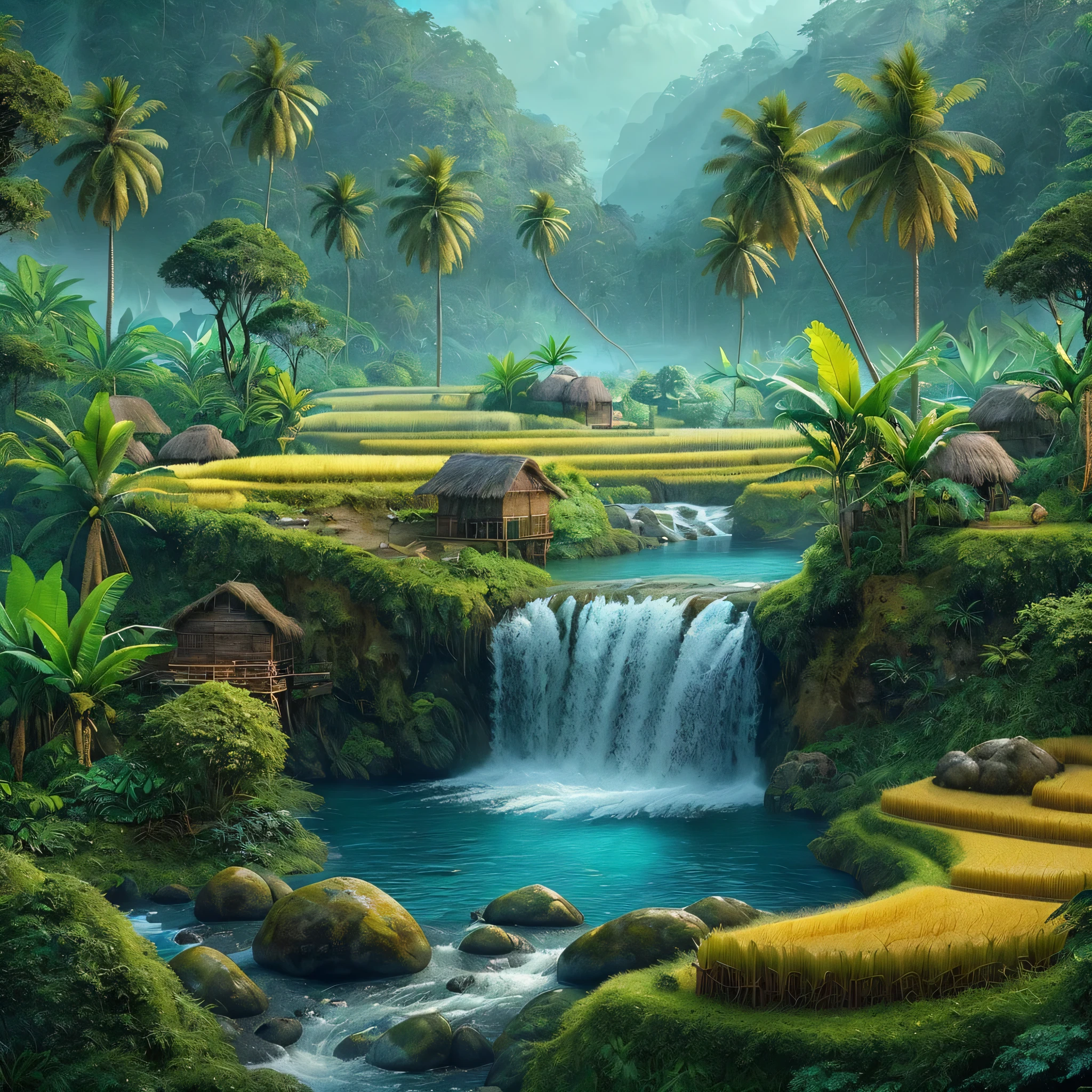 Create beautiful and enchanting hyperrealistic landscape images, coconut trees on the river bank, banana trees with partially dry leaves, fern trees. small waterfall flowing with clear blue water, surrounded by rocks and plants, dark forest, old huts in the middle of green and yellow rice fields, similar hills in the background