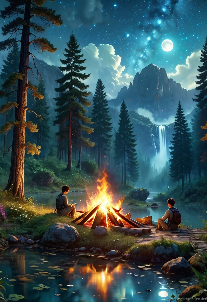 landscape, summer, night, forest, Bonfire in one place, unmanned, unmanned, Starry Sky, High definition details, Ultra Detailed, Movie, Surrealism, Soft Light, deep focus bokeh, Ray Tracing, Surrealism. , Art Station Pixiv Gees, author：Xin Haicheng, Art sprouts