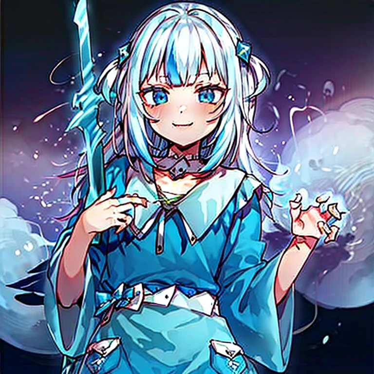 masterpiece,best quality,ultra detailed,4K,super fine illustration,highly detailed beautiful face and eyes,cyan color scheme, lighting,fantasy,extremely solemn atmosphere,(traditional maid collared shirt:1.3),long skirt,glowing eyes,long hair,hairs between eyes, crossed bangs,smirk,fighting stance,dynamic pose,(holding glowing sword:1.3),particle light,luminescence,plasma,electric current,blue flame,sense of depth,dynamic angle, 1girl, Smile, Devil's Horns, Devil's Wings,