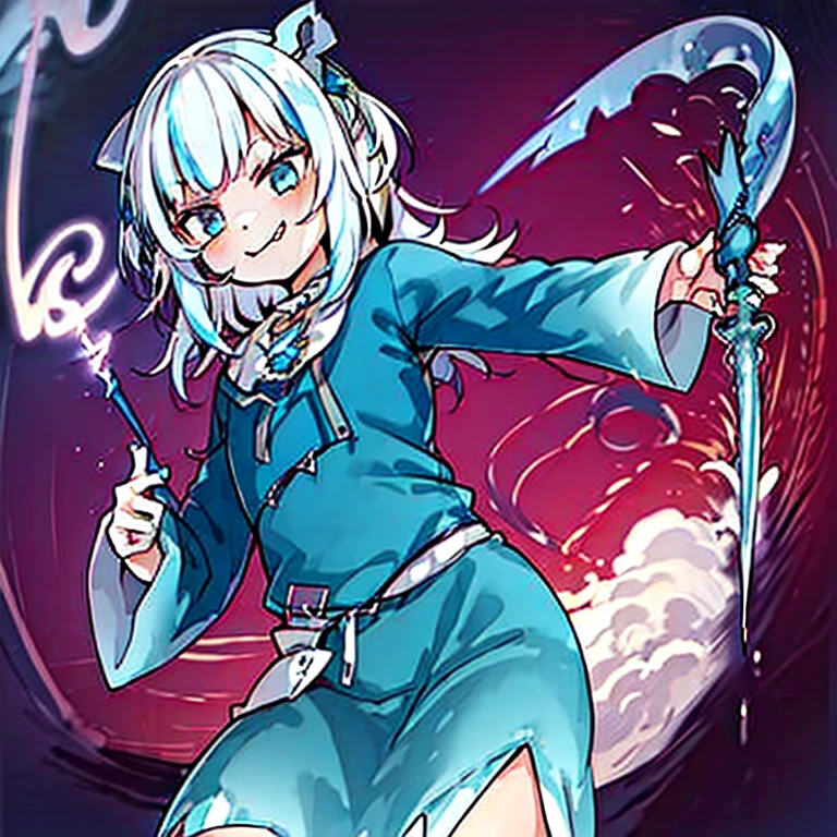 masterpiece,best quality,ultra detailed,4K,super fine illustration,highly detailed beautiful face and eyes,cyan color scheme, lighting,fantasy,extremely solemn atmosphere,(traditional maid collared shirt:1.3),long skirt,glowing eyes,long hair,hairs between eyes, crossed bangs,smirk,fighting stance,dynamic pose,(holding glowing sword:1.3),particle light,luminescence,plasma,electric current,blue flame,sense of depth,dynamic angle, 1girl, Smile, Devil's Horns, Devil's Wings,