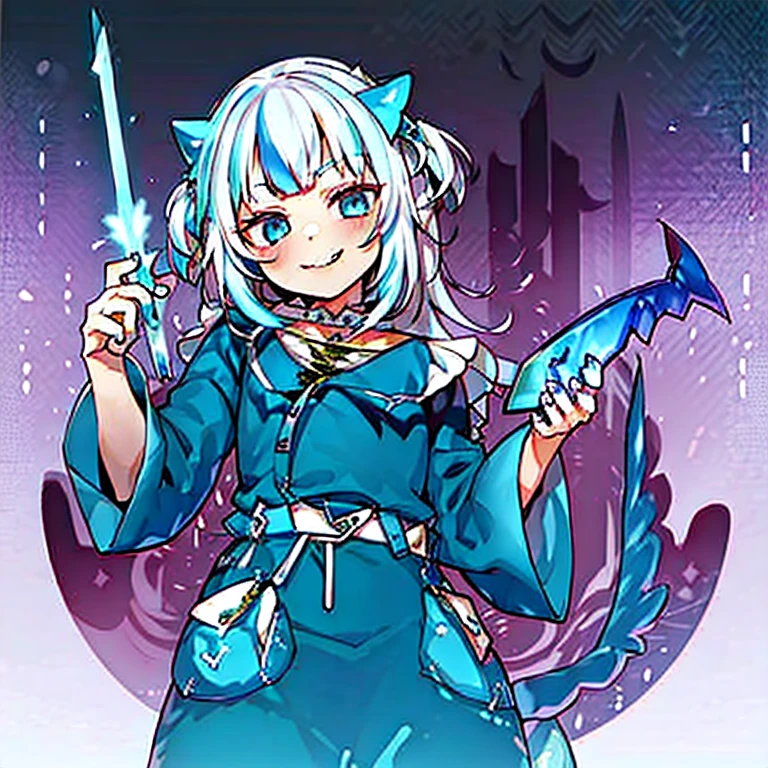 masterpiece,best quality,ultra detailed,4K,super fine illustration,highly detailed beautiful face and eyes,cyan color scheme, lighting,fantasy,extremely solemn atmosphere,(traditional maid collared shirt:1.3),long skirt,glowing eyes,long hair,hairs between eyes, crossed bangs,smirk,fighting stance,dynamic pose,(holding glowing sword:1.3),particle light,luminescence,plasma,electric current,blue flame,sense of depth,dynamic angle, 1girl, Smile, Devil's Horns, Devil's Wings,