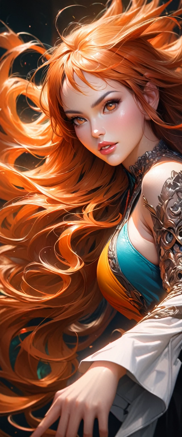 (nami), (best quality,ultra-detailed,realistic:1.37), vibrant color scheme, stunning details, captivating gaze, alluring expression, flawless skin, luscious lips, flowing hair, stylish outfit, dynamic pose