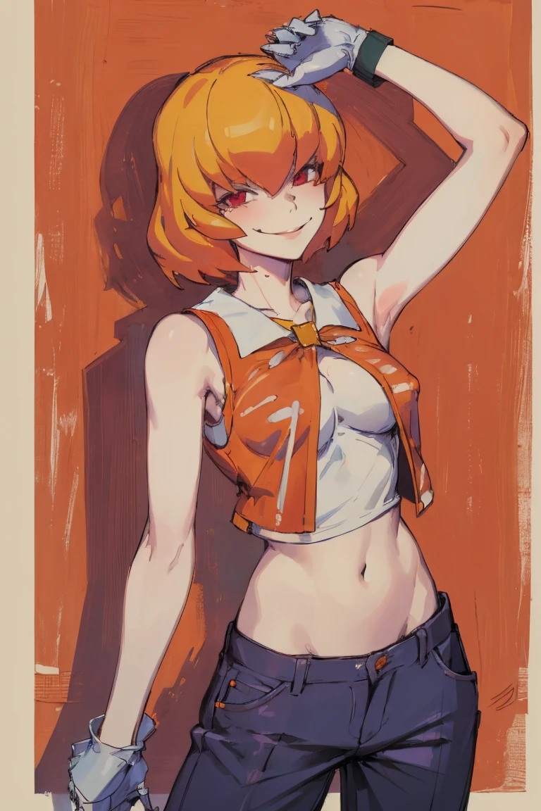 ((highest quality)), ((masterpiece)), (be familiar with),Clementine,Overload,{{nsfw}},Sleeveless shirt,pants,Bewitching Smile