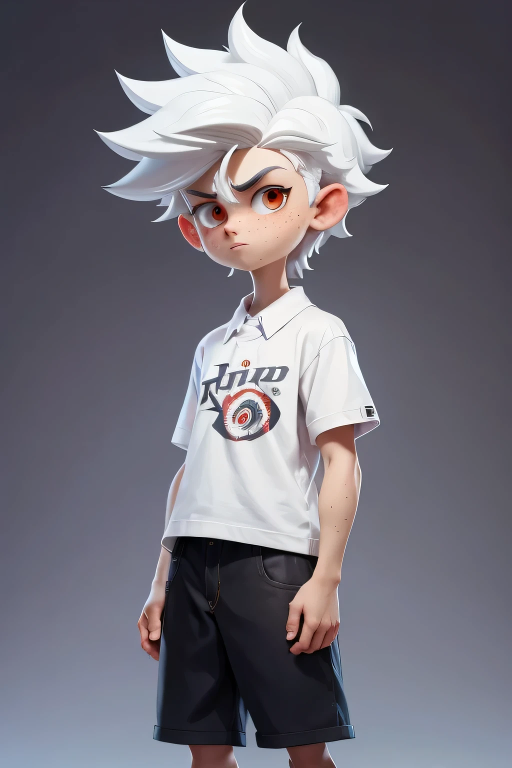 masterpiece, best quality, 8k, cinematic light, ultra high res, A 23 year old teenager , shorts, spiked head, white hair, Old white shirt, red eyes full body:1.2), freckles, standing, The character's height is half the background image