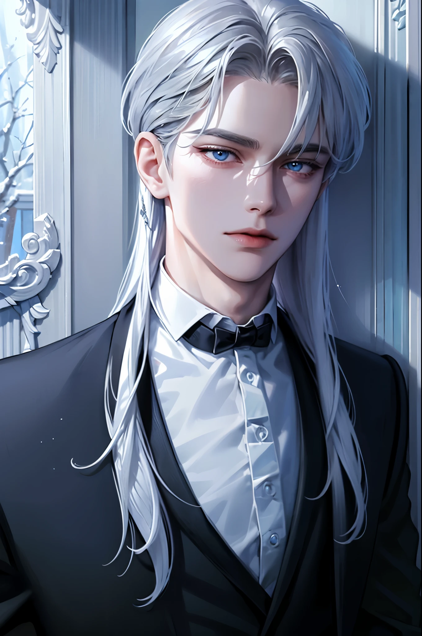 Boy, silver hair, blue eyes, serious sharp features, white skin, formal style