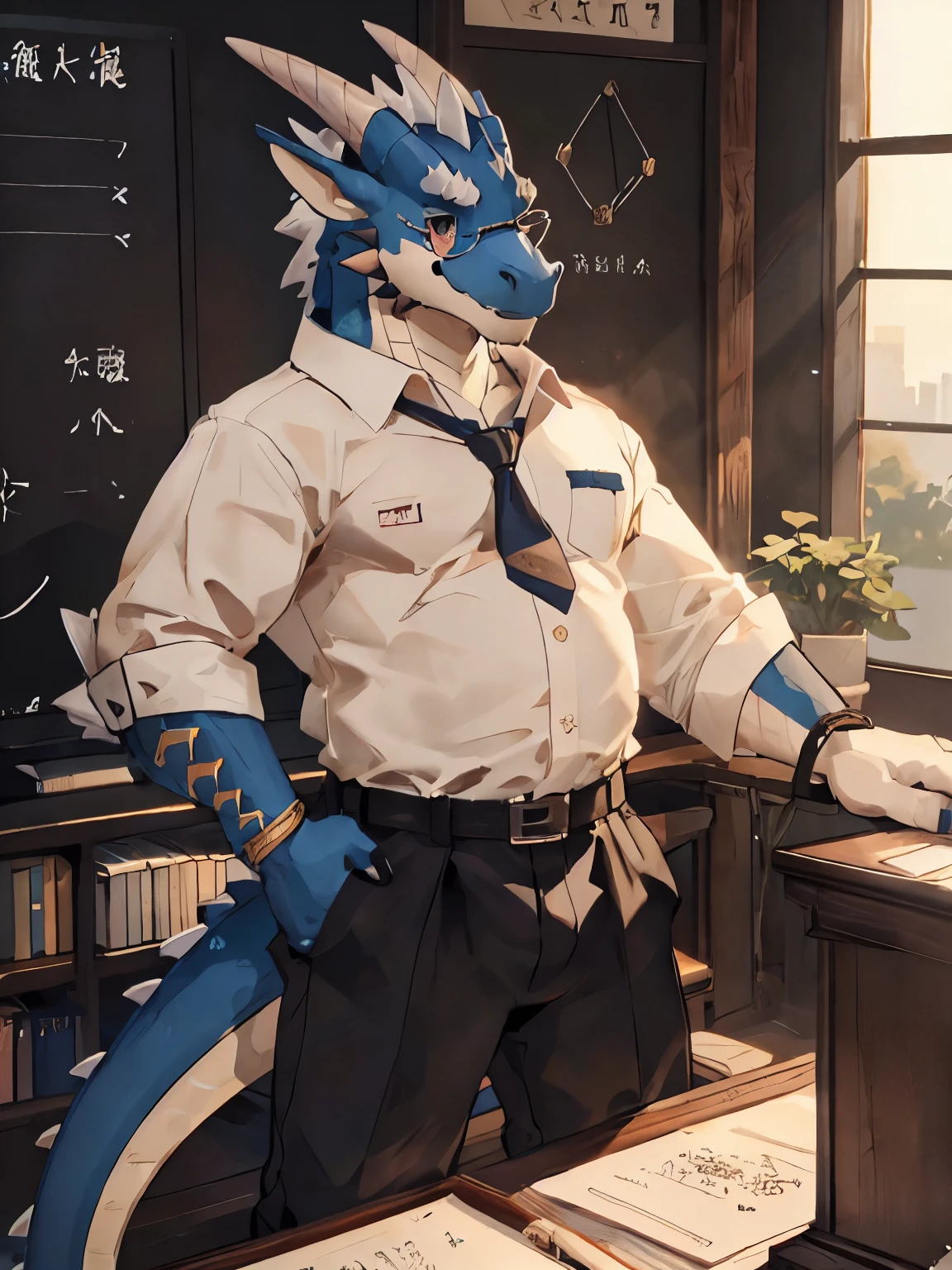 anatomy, human nature，((红白色dragon| red and white | black eyes)),((一双黑色of角)), (dragon:1.2),With gold glasses,完美ofblack eyes,年轻of,male, of,站在在讲立of,cannon, 肌肉丰满of,认真of,肌肉发达of身体, 强壮of身体,machismo,Book in hand,Smile,On the podium,(Ultra Detailed),锐利of焦点,,hip expansion,(展示自己of肱二头肌),Behind him is the blackboard,Study seriously,teacher,尾巴of眼睛，((No clothes，Wearing black trousers)，Small drum kit,Difficulty moving，脸上of粉色腮红，dragon尾巴 ，By Bei Bei Bei Bei, by zackary911