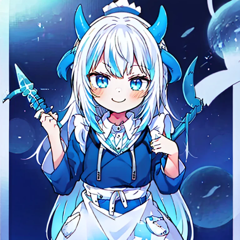 masterpiece,best quality,ultra detailed,4K,super fine illustration,highly detailed beautiful face and eyes,cyan color scheme, lighting,fantasy,extremely solemn atmosphere,(traditional maid collared shirt:1.3),long skirt,glowing eyes,long hair,hairs between eyes, crossed bangs,smirk,fighting stance,dynamic pose,(holding glowing sword:1.3),particle light,luminescence,plasma,electric current,blue flame,sense of depth,dynamic angle, 1girl, Smile, Devil's Horns, Devil's Wings,