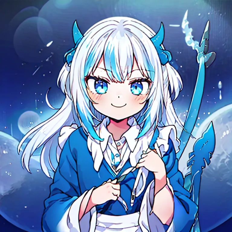 masterpiece,best quality,ultra detailed,4K,super fine illustration,highly detailed beautiful face and eyes,cyan color scheme, lighting,fantasy,extremely solemn atmosphere,(traditional maid collared shirt:1.3),long skirt,glowing eyes,long hair,hairs between eyes, crossed bangs,smirk,fighting stance,dynamic pose,(holding glowing sword:1.3),particle light,luminescence,plasma,electric current,blue flame,sense of depth,dynamic angle, 1girl, Smile, Devil's Horns, Devil's Wings,