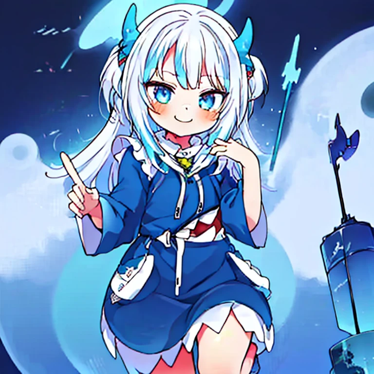 masterpiece,best quality,ultra detailed,4K,super fine illustration,highly detailed beautiful face and eyes,cyan color scheme, lighting,fantasy,extremely solemn atmosphere,(traditional maid collared shirt:1.3),long skirt,glowing eyes,long hair,hairs between eyes, crossed bangs,smirk,fighting stance,dynamic pose,(holding glowing sword:1.3),particle light,luminescence,plasma,electric current,blue flame,sense of depth,dynamic angle, 1girl, Smile, Devil's Horns, Devil's Wings,