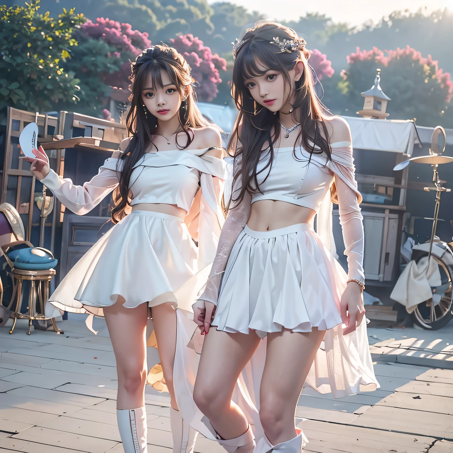 Three-piece girl band、Pop light music band、超A high resolution、Ultra HD、8k、Wonderful expression with attention to detail、long chestnut hair、Straight Long Hair、short cut bob hair、(off shoulder white dress、Mini skirt type)、Cute stage costumes、Performance scene at the outdoor music hall、Backlight、(The silhouette of the body is visible)、