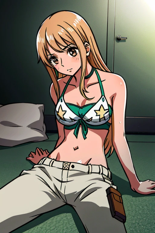 Imagine a stunning anime girl with tan skin, wearing a bikini top and cargo pants, lying on the floor in a state of starvation and discomfort. Her ribs are visible and her sweat glistens in the light, a range of styles and variations to choose from for this stylistic rendering.