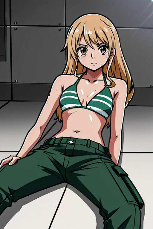 Imagine a stunning anime girl with tan skin, wearing a bikini top and cargo pants, lying on the floor in a state of starvation and discomfort. Her ribs are visible and her sweat glistens in the light, a range of styles and variations to choose from for this stylistic rendering.