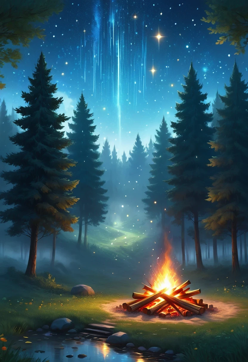 landscape, summer, night, forest, Bonfire in one place, unmanned, unmanned, Starry Sky, High definition details, Ultra Detailed, Movie, Surrealism, Soft Light, deep focus bokeh, Ray Tracing, Surrealism. , Art Station Pixiv Gees, author：Xin Haicheng, Art sprouts