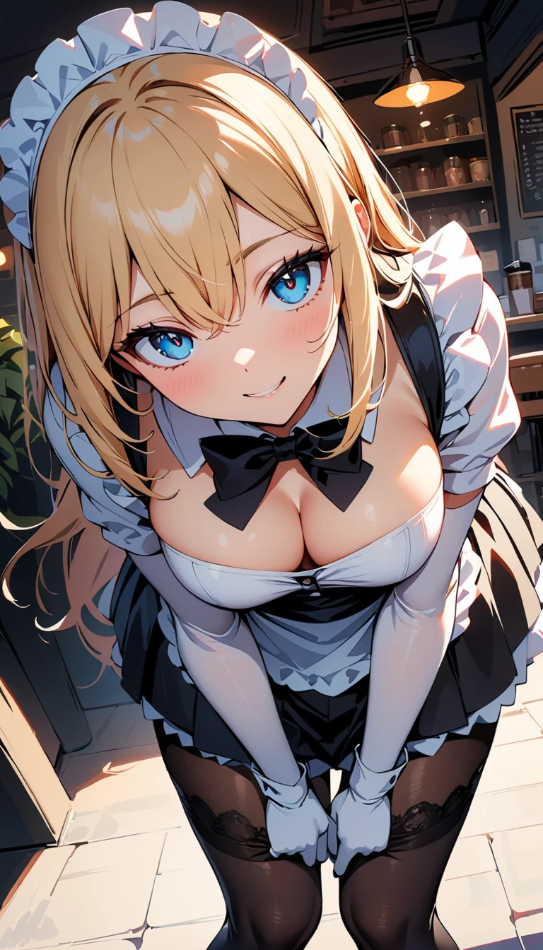 (high quality, 8k, 4K, High Contrast, masterpiece:1.2, 最high quality, Best aesthetics), , Maid, Very detailed, Seductive and erotic girl with lace headdress, smile, (Medium sized breasts, Silver fur), Focus on the face, Focus on the face, Complex eyes, tights, laced tights, coffee shop, Ground angle shot, Viewer looking up, feet in tights,