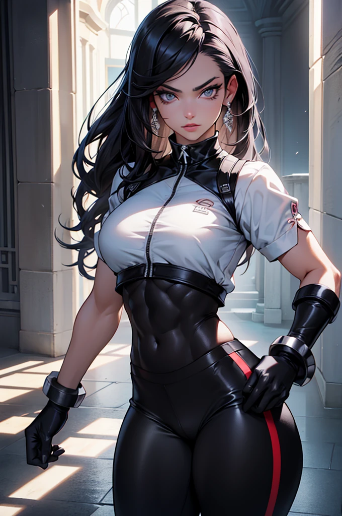 (melhor qualidade: 1.2) (corpo todo: 1.2) garota, 17 anos, cabelo preto preso em rabo de cavalo, serious face, wearing a white blouse that shows off her six-pack abs, black yoga pants, black gloves that expose the fingers, Standing in a fighting pose, scenery of a room with light blue walls, cores vivas, lindos olhos detalhados, beautiful detailed lips, olhos e rosto extremamente detalhados, long eyelashes