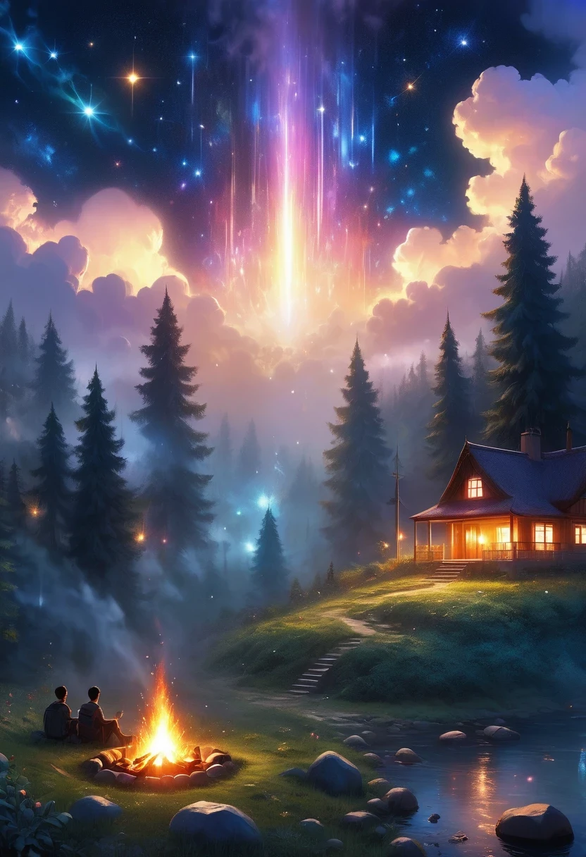 landscape, summer, night, forest, Bonfire in one place, unmanned, unmanned, Starry Sky, High definition details, Ultra Detailed, Movie, Surrealism, Soft Light, deep focus bokeh, Ray Tracing, Surrealism. , Art Station Pixiv Gees, author:Xin Haicheng, Art sprouts