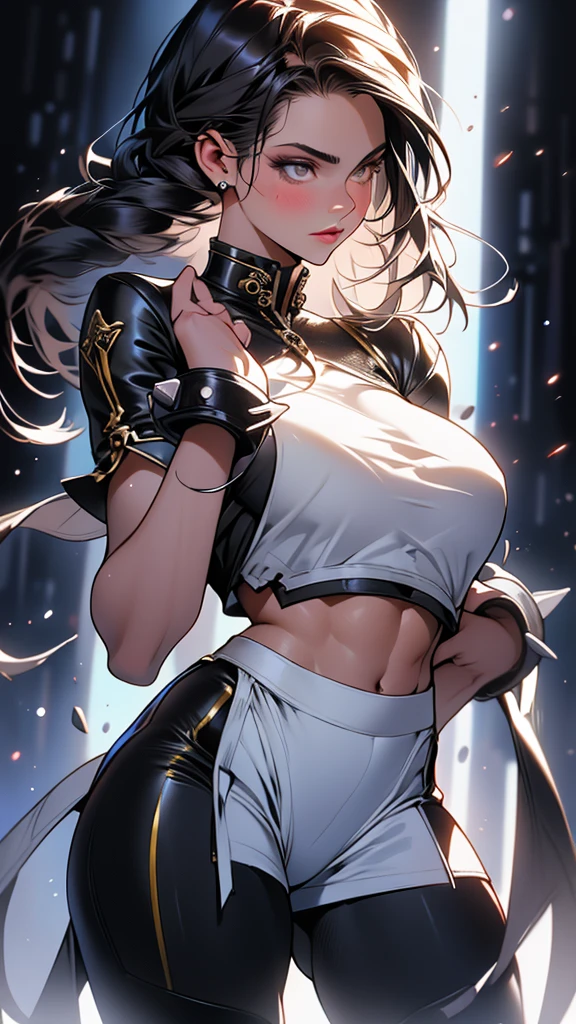 raios de luz,juri han,belo corpo,mulher jovem,short black hair , badass , colan,May,coxas torneadas,Evil Smile,juri han,chifres de cabelo,detalhes do corpo,low yellow lighting,raios de luz belo corpo detalhado,coxas
