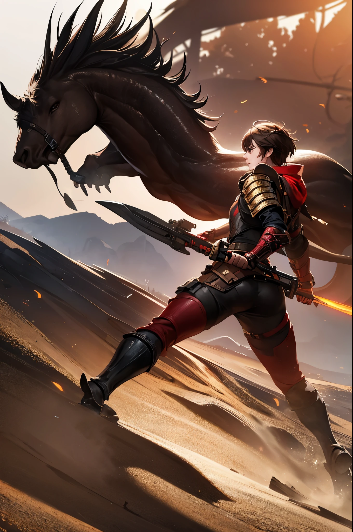 8k,Barren Land,女性adventure者の衣装,Traveling through the dusty wilderness,Light brown short hair,so beautifulな日本の女性, Red and black large chest armor,so beautiful(Like the real thing),Stainless steel and black shoulder armor for the left shoulder,red and black combat pants,sexy,DeviantArt Artstation CGScosiety, 3DレンダリングCharacter Art8 K, Alena Aenami and Artgerm, Wojtek Fass, Artstation 8k Trends, Art Station HD Trending, Ultra-realistic rendering of adventure, Perfect body with realistic shading, Photorealistic perfect body, Ultra-high resolution,high quality,sexy,Brown short hair,Strongly defined abdominal muscles,Muscular and slim body,Muscular and lean lower body,close,masterpiece,最high qualityのフォトリアリスティックなRAW写真。Bright colors,Rich colors, Backlight, Cinema Lighting, Film Grain, to be born, 50mm lens, Nikon D850,Realistic Skin,Fantasy art,Character Art,Sharp Eyes,adventure,He has a long and big Japanese sword.,brown combat jacket,red and black gauntlets,Battle Scenes,Dynamic pose,Action pose,shout,