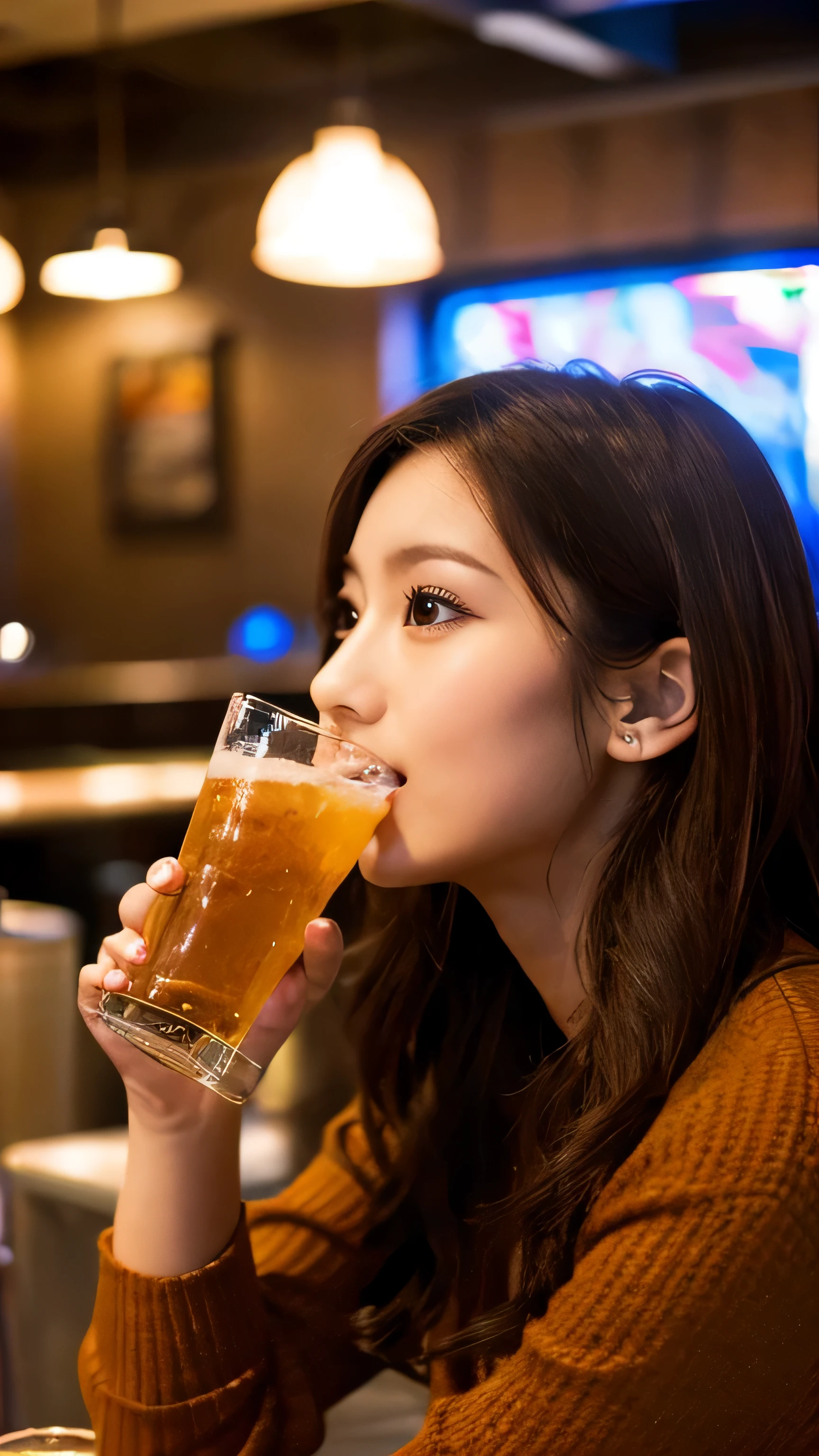 A girl eating and drinking a lot at a bar