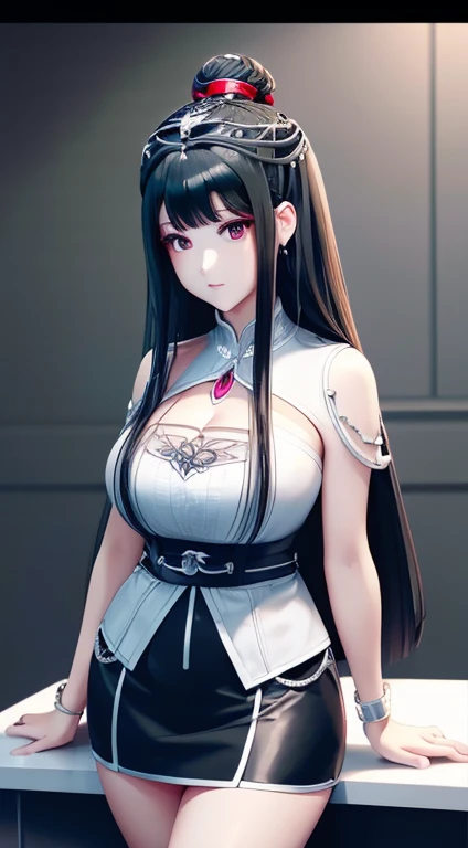 ((best quality)), ((On the table)), (detailed), (emphasize), Perfect face,A bit big，Large bust，Young girl&#39;s face detail showing cleavage、Red eyes and long, Thick, smooth, pretty black hair，Bangs、Monochrome background、Wear it standing with a blazer and miniskirt、