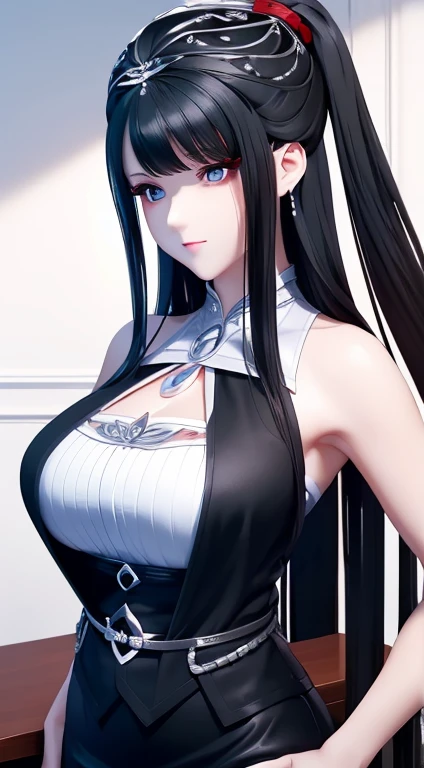 ((best quality)), ((On the table)), (detailed), (emphasize), Perfect face,A bit big，Large bust，Young girl&#39;s face detail showing cleavage、Red eyes and long, Thick, smooth, pretty black hair，Bangs、Monochrome background、Wear it standing with a blazer and miniskirt、