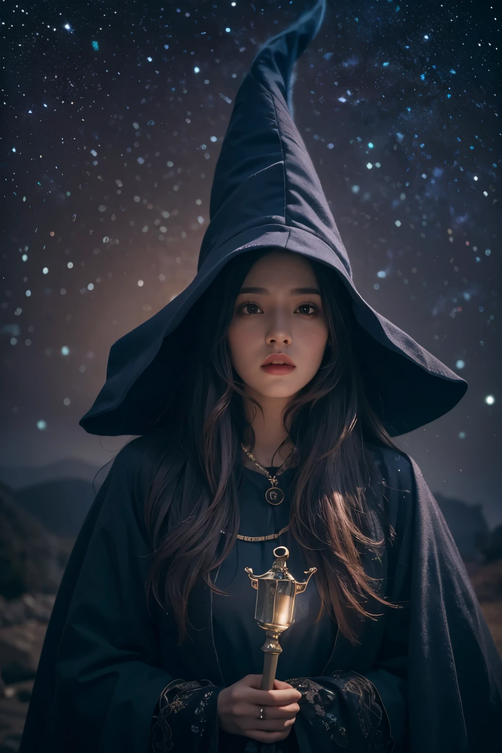 Araped woman wearing wizard hat and wizard gown, No makeup , without makeup, portrait of a girl, Profile picture, Use Instagram Filters, Subtle soft and dim light, magic school, perfect face, julia sardinian, broomstick, night sky, Milky Way, looking straight ahead,