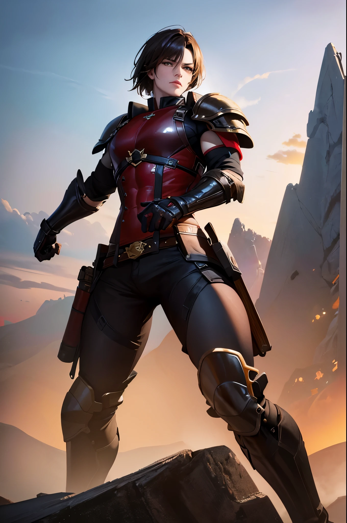 8k,Barren Land,女性adventure者の衣装,Traveling through the dusty wilderness,Light brown short hair,so beautifulな日本の女性, Red and black large chest armor,so beautiful(Like the real thing),Stainless steel and black shoulder armor for the left shoulder,red and black combat pants,sexy,DeviantArt Artstation CGScosiety, 3DレンダリングCharacter Art8 K, Alena Aenami and Artgerm, Wojtek Fass, Artstation 8k Trends, Art Station HD Trending, Ultra-realistic rendering of adventure, Perfect body with realistic shading, Photorealistic perfect body, Ultra-high resolution,high quality,sexy,Brown short hair,Strongly defined abdominal muscles,Muscular and slim body,Muscular and lean lower body,close,masterpiece,最high qualityのフォトリアリスティックなRAW写真。Bright colors,Rich colors, Backlight, Cinema Lighting, Film Grain, to be born, 50mm lens, Nikon D850,Realistic Skin,Fantasy art,Character Art,Sharp Eyes,adventure,He has a long and big Japanese sword.,brown combat jacket,red and black gauntlets,Battle Scenes,Dynamic pose,Action pose,shout,
