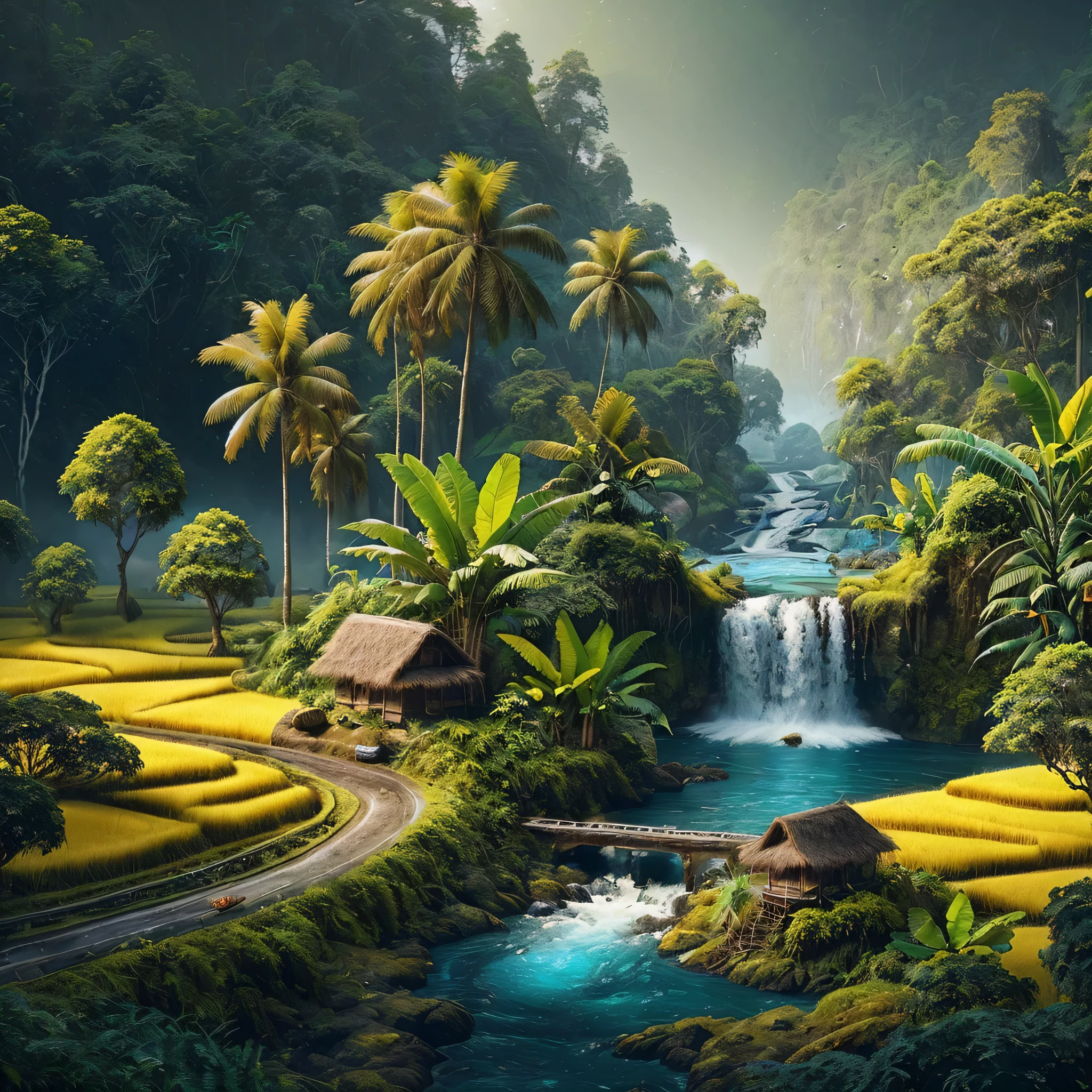 Create beautiful and enchanting hyperrealistic landscape images, coconut trees on the river bank, banana trees with partially dry leaves, fern trees. small waterfall flowing with clear blue water, surrounded by rocks and plants, dark forest, old huts in the middle of green and yellow rice fields, similar hills in the background