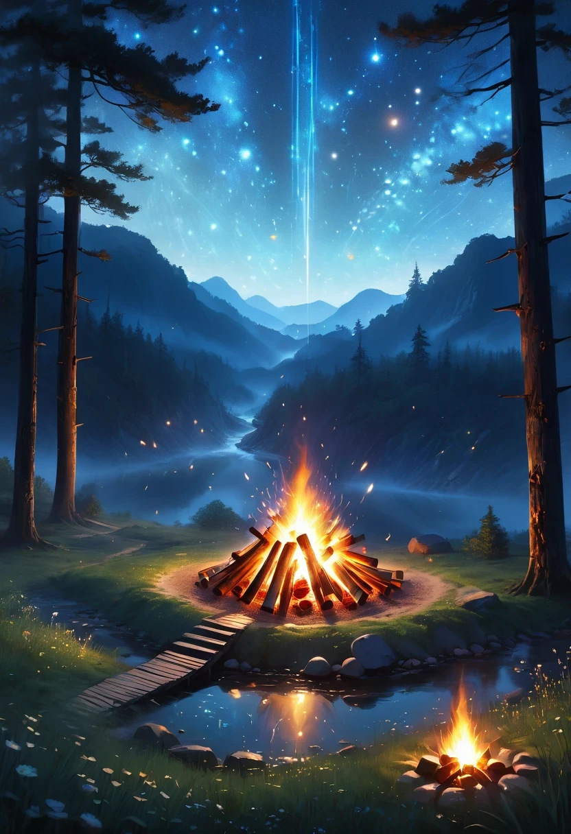 landscape, summer, night, forest, Bonfire in one place, unmanned, unmanned, Starry Sky, High definition details, Ultra Detailed, Movie, Surrealism, Soft Light, deep focus bokeh, Ray Tracing, Surrealism. , Art Station Pixiv Gees, author：Xin Haicheng, Art sprouts