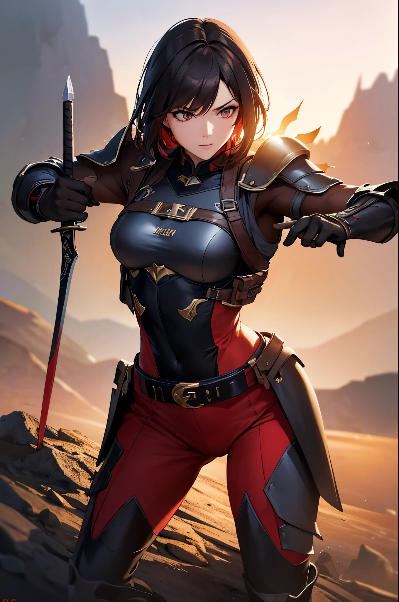 8k,Barren Land,女性adventure者の衣装,Traveling through the dusty wilderness,Light brown short hair,so beautifulな日本の女性, Red and black large chest armor,so beautiful(Like the real thing),Stainless steel and black shoulder armor for the left shoulder,red and black combat pants,sexy,DeviantArt Artstation CGScosiety, 3DレンダリングCharacter Art8 K, Alena Aenami and Artgerm, Wojtek Fass, Artstation 8k Trends, Art Station HD Trending, Ultra-realistic rendering of adventure, Perfect body with realistic shading, Photorealistic perfect body, Ultra-high resolution,high quality,sexy,Brown short hair,Strongly defined abdominal muscles,Muscular and slim body,Muscular and lean lower body,close,masterpiece,最high qualityのフォトリアリスティックなRAW写真。Bright colors,Rich colors, Backlight, Cinema Lighting, Film Grain, to be born, 50mm lens, Nikon D850,Realistic Skin,Fantasy art,Character Art,Sharp Eyes,adventure,He has a long and big Japanese sword.,brown combat jacket,red and black gauntlets,Battle Scenes,Dynamic pose,Action pose,shout,big breasts,Close-up,landscape,