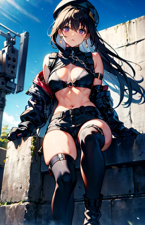 (Thynasha:1.2),(masterpiece:1.2), best quality, high resolution, unity 8k wallpaper, (illustration:0.8), (beautiful detailed eyes:1.0), extremely detailed face, perfect lighting, extremely detailed CG, (perfect hands, perfect anatomy),(1girl:1.0), (solo:1.0),very long hair,purple eyes, earrings,bare shoulders,,long hair,side ponytail,hair between eyes,bangs, load bearing vest,backpack,BREAK (beret, black jacket, open clothes, cleavage, midriff, black shorts, black thighhighs, thigh strap, fingerless gloves, single glove:1.2), Photo,sharpness, F1.6 lens,hyper-realistic textures,spectacular light textures, Cinestil 800 Fashion Mechanics,(((Beautiful woman with left leg restrained and hung by chains))),Appearance,Beautiful girl with accentuated slender abs: 1.1,six-pack abs: 1.1, Bust Botox,Standing on tiptoe, long legs,Long brown hair fluttering in the wind,Brown hair, Long hair, Female Warrior Costume,(No panties,No bra),(tacticul battle fashion,elbow and knee tacticul battle fashion, battle glove: 1.1),((cute batre costume)),The belly comes out and the navel is visible,Thin sheer costume, combat gloves,shredded costumes,cyber long combat boots with golden knee pads,Anatomical,(futuristic sci-fi battle fashion, new elbow and knee cyberpads, new cyberlong boots, new cybergloves: 1.1),(tied perfectly by iron chain), Restraint, Slave, collars, contempt, (Chained), 4 chains hung from heaven, Metallic shackles and fetters, wet crotch clearly visible,((Hands are restrained above the head)), the neck is chained,Chain from left knee to heaven,Chained by rusty iron chains,((the tip is protruding, areolas protruding,The shape of the pubic harearea is clearly visible:1.2)),Sweating,Wet,Wet crotch,Wet thighs,Junkyard, Realistic, (cute, perfect clothes, skimpy clothes, cute: 1.3) ,Vast miritary base in us,((wide mirtary hospital with summer sunlight)), peeling ceilings, Rebar between, Realistic material details, Extreme details, Ultra-realistic materials,na