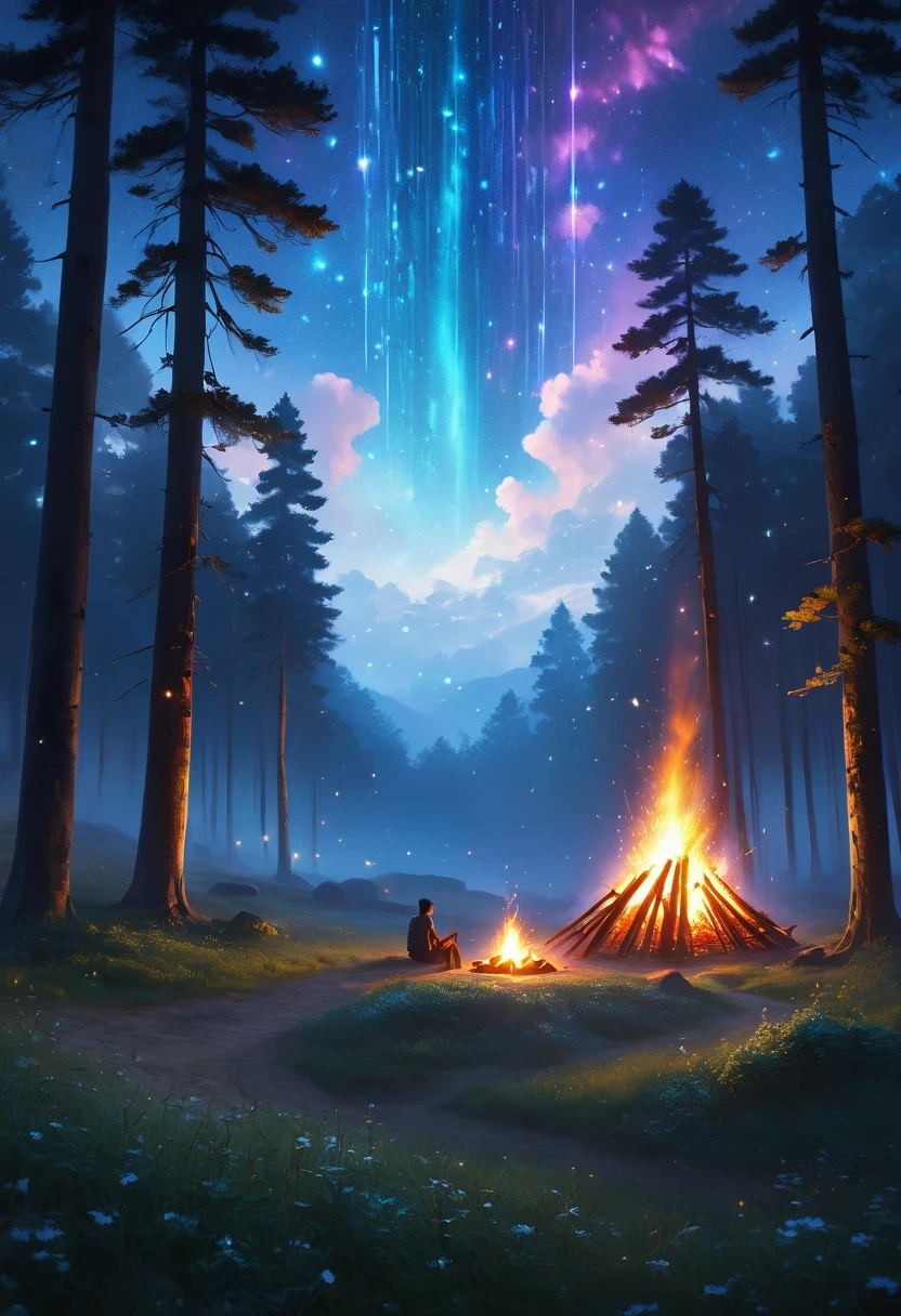 landscape, summer, night, forest, Bonfire in one place, unmanned, unmanned, Starry Sky, High definition details, Ultra Detailed, Movie, Surrealism, Soft Light, deep focus bokeh, Ray Tracing, Surrealism. , Art Station Pixiv Gees, author:Xin Haicheng, Art sprouts