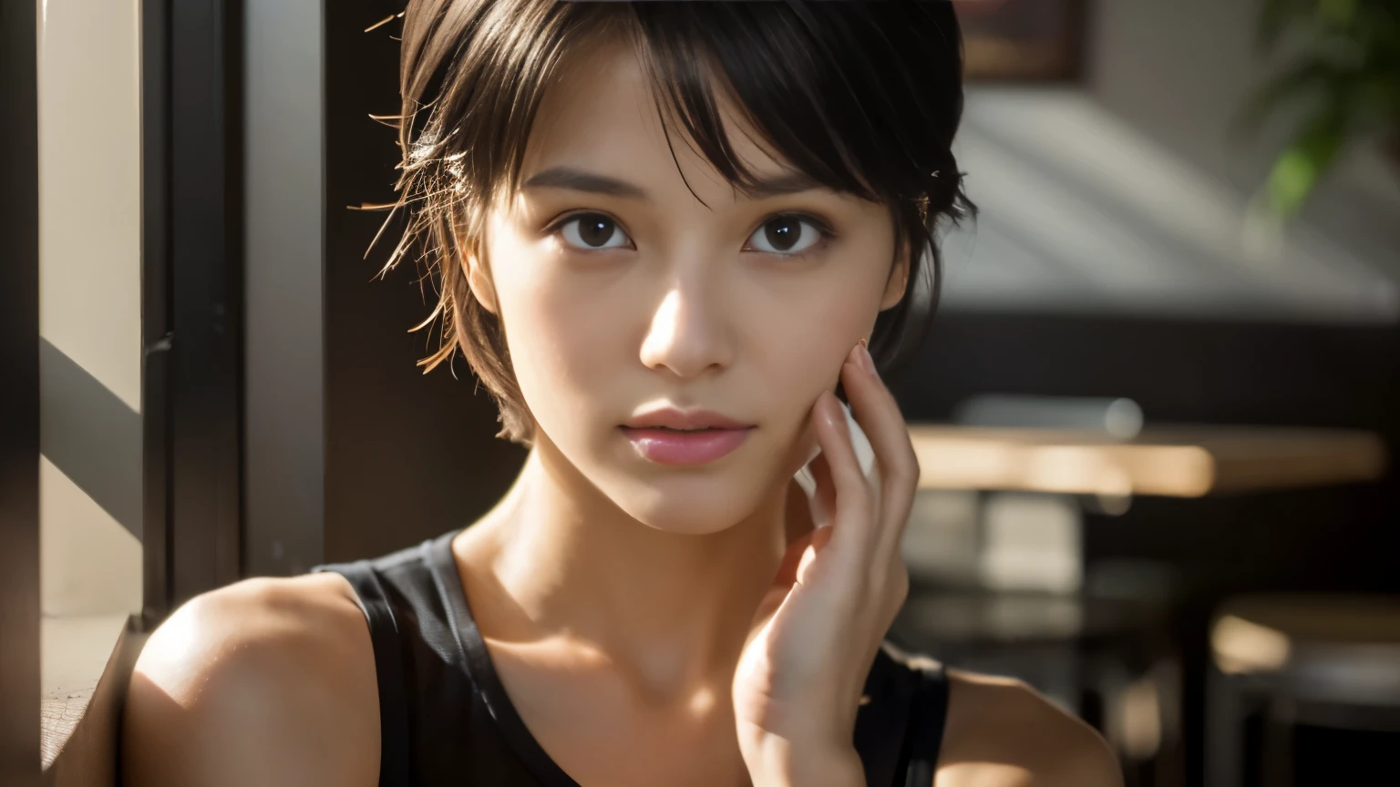 Random Pause, Mix 4, (8k, Original photo, highest quality, masterpiece: 1.45), (Actual, real: 1.37), Skinny Japanese woman, One girl, Charm, View inside the cafe, Professional Lighting, Photon Mapping, Radio City, Physically Based Rendering, Gradient black hair, Short Curly Hair, good looking, girl, T-Shirts, High resolution, 1080p, (Clear Face), (Detailed facial depiction), (Detailed description of the hand), (Exquisite CGI), Extreme light and shadow, Messy Hair, Lots of details, (Graceful features), (highest quality photos), (Beautiful Eyes), Look in front of you, Thin clavicle,Photographed inside the cafe