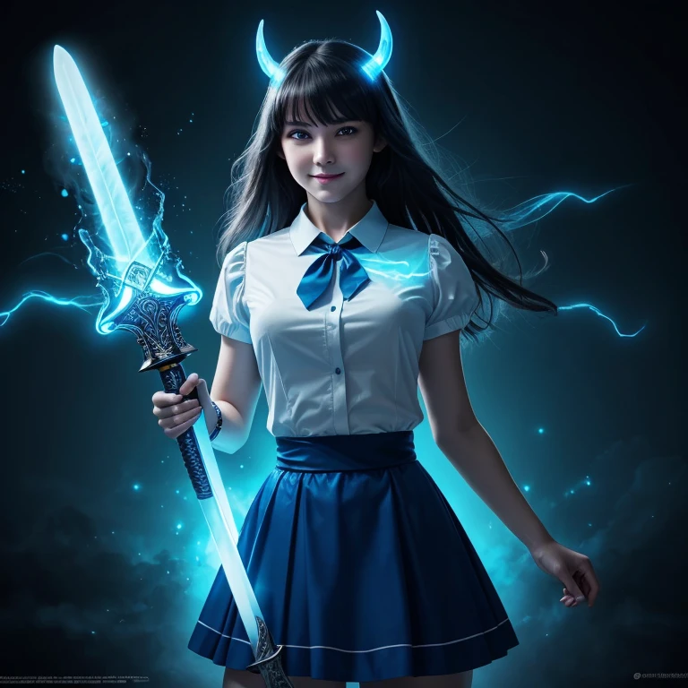 masterpiece,best quality,ultra detailed,4K,super fine illustration,highly detailed beautiful face and eyes,cyan color scheme, lighting,fantasy,extremely solemn atmosphere,(traditional maid collared shirt:1.3),long skirt,glowing eyes,long hair,hairs between eyes, crossed bangs,smirk,fighting stance,dynamic pose,(holding glowing sword:1.3),particle light,luminescence,plasma,electric current,blue flame,sense of depth,dynamic angle, 1girl, Smile, Devil's Horns, Devil's Wings,