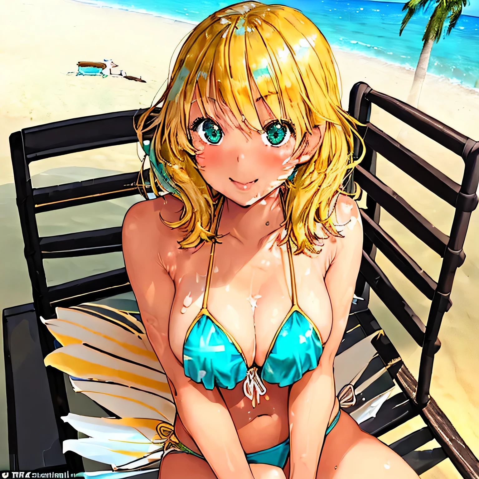 (beautiful girl:1.1,bikini:1.2), sandy beach, crystal-clear turquoise water, palm trees, gentle sea breeze, golden sunlight, playful seagulls, sun-kissed skin, relaxing lounge chair, refreshing coconut drink, beach volleyball, joyful laughter, carefree summer vibes, vibrant colors, tropical paradise, radiant smile, captivating curves