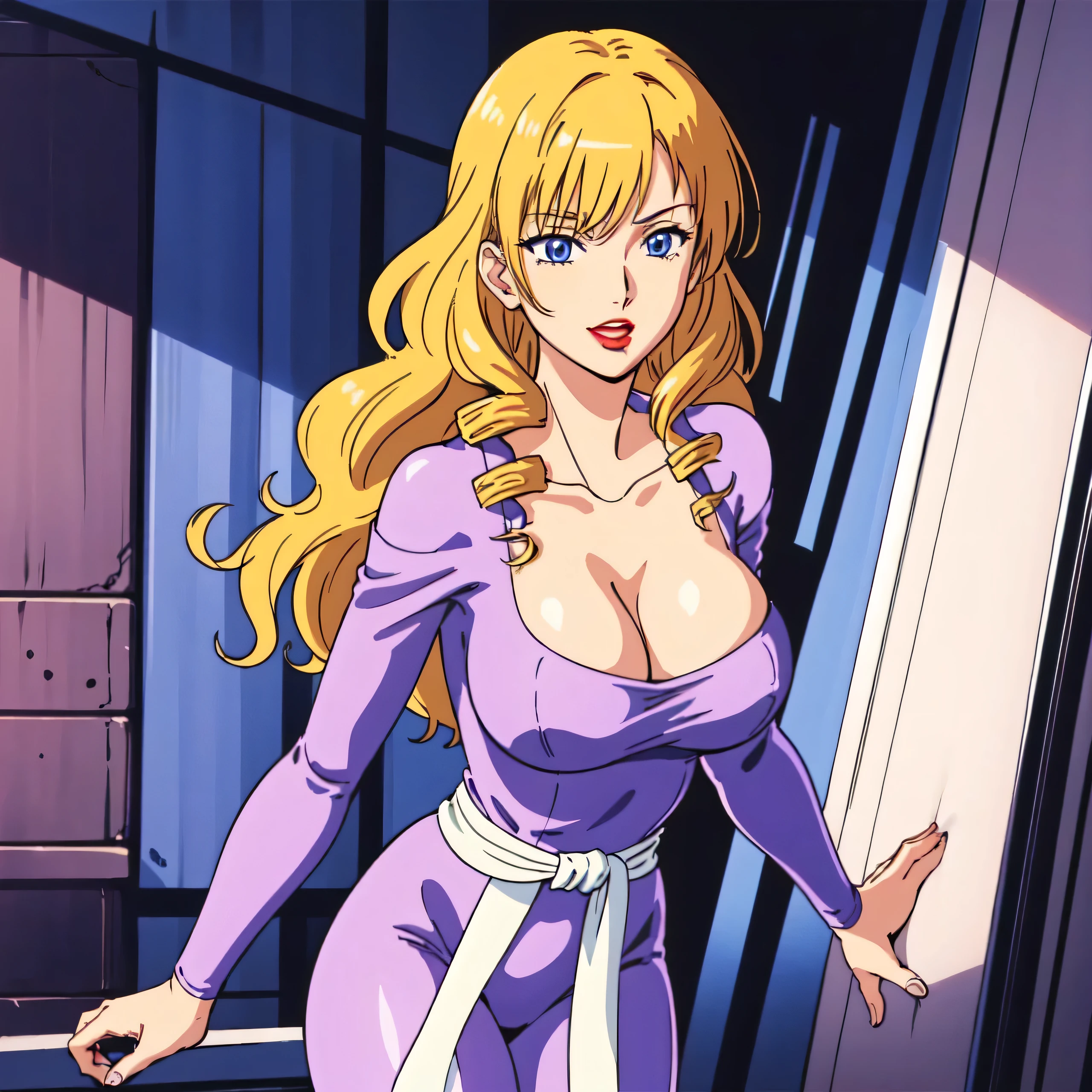 masterpiece、highest quality、Anime Women、solo、Watching the audience、laugh at、Long Hair、Blonde、eyelash、lipstick、Blue Eyes、Drill Hair、Hair on one eye、Big Breasts、cleavage、woman with very large breasts、collarbone、Purple bodysuit、Off the shoulder、Long sleeve、Pink sash、