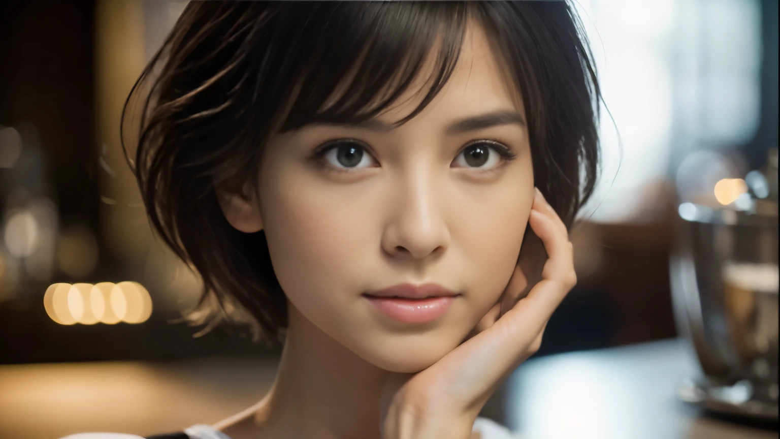 Random Pause, Mix 4, (8k, Original photo, highest quality, masterpiece: 1.45), (Actual, real: 1.37), Skinny Japanese woman, One girl, Charm, View inside the cafe, Professional Lighting, Photon Mapping, Radio City, Physically Based Rendering, Gradient black hair, Short Curly Hair, good looking, girl, T-Shirts, High resolution, 1080p, (Clear Face), (Detailed facial depiction), (Detailed description of the hand), (Exquisite CGI), Extreme light and shadow, Messy Hair, Lots of details, (Graceful features), (highest quality photos), (Beautiful Eyes), Look in front of you, Thin clavicle,Photographed inside the cafe