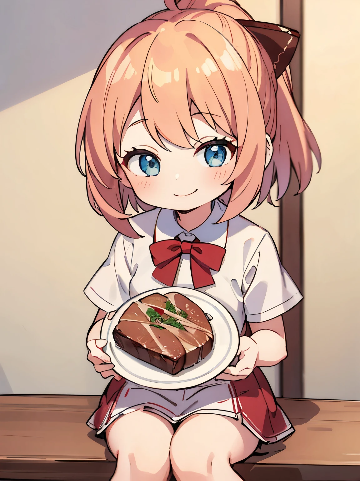 1girl,6 years old,blonde hair,Sitting,Holding a plate filled with wagyu steak,smiling ,blonde hair,short hair, blue eyes,White short shirt, red bow tie, red short skirt, red ribbon ponytail,very short hair, side bangs,ultra detail, ultra HD