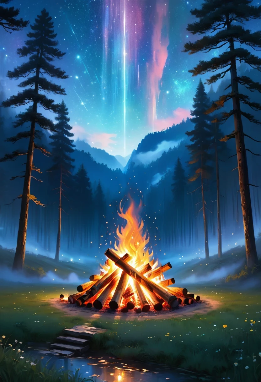 landscape, summer, night, forest, Bonfire in one place, unmanned, unmanned, Starry Sky, High definition details, Ultra Detailed, Movie, Surrealism, Soft Light, deep focus bokeh, Ray Tracing, Surrealism. , Art Station Pixiv Gees, author:Xin Haicheng, Art sprouts