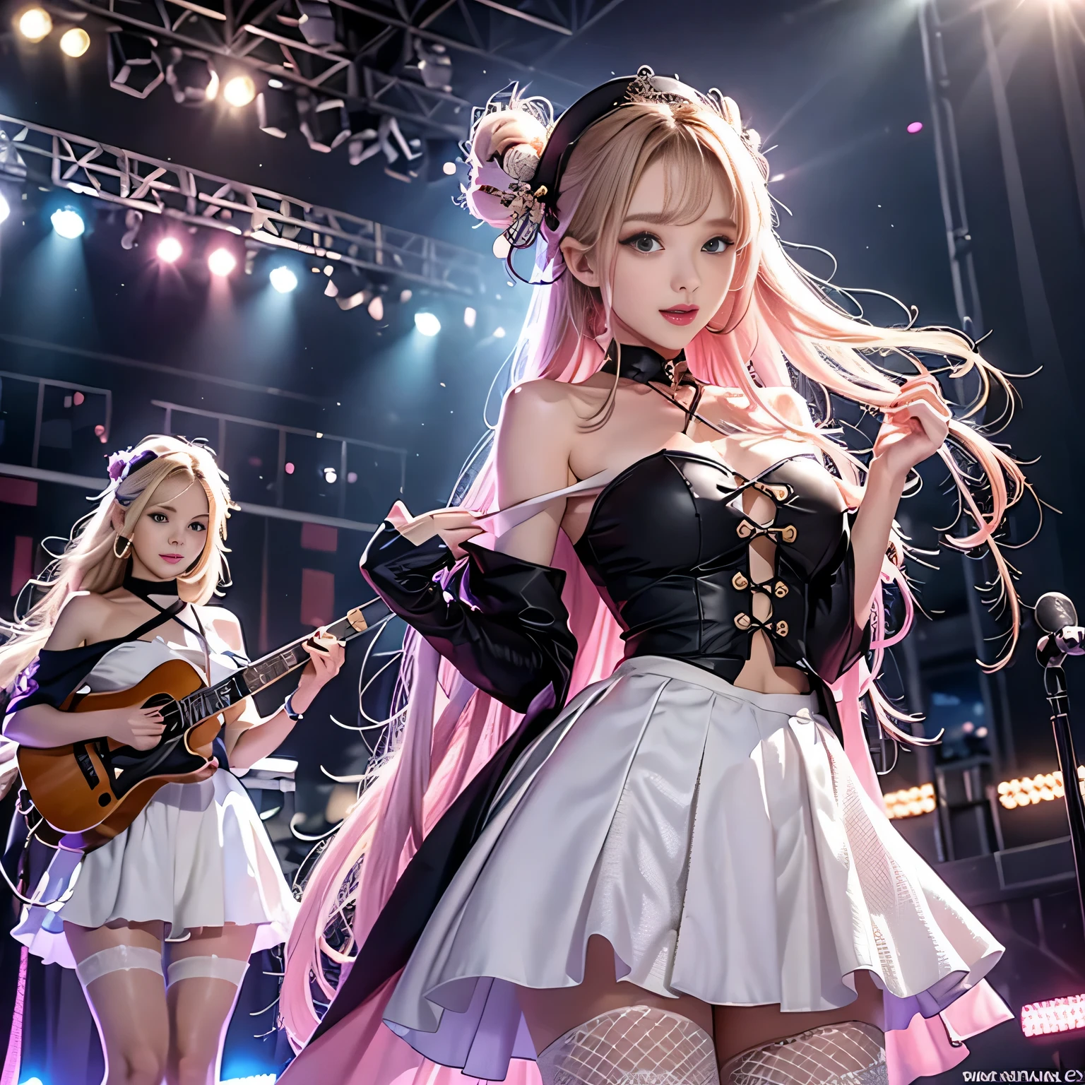 Three-piece girl band、Pop light music band、超A high resolution、Ultra HD、8k、Wonderful expression with attention to detail、long chestnut hair、Straight Long Hair、short cut bob hair、(off shoulder pure white dress、Mini skirt type)、Cute stage costumes、Performance scene at the outdoor music hall、Backlight、(The silhouette of the body is visible)