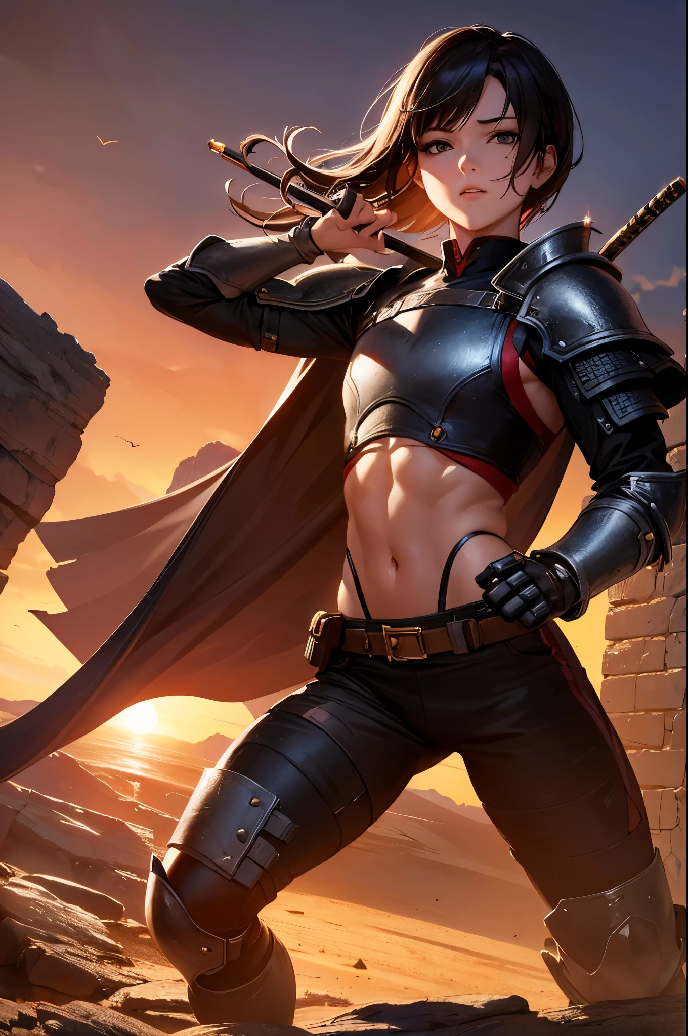 8k,Barren Land,女性adventure者の衣装,Traveling through the dusty wilderness,Light brown short hair,so beautifulな日本の女性, Red and black large chest armor,so beautiful(Like the real thing),Stainless steel and black shoulder armor for the left shoulder,red and black combat pants,sexy,DeviantArt Artstation CGScosiety, 3DレンダリングCharacter Art8 K, Alena Aenami and Artgerm, Wojtek Fass, Artstation 8k Trends, Art Station HD Trending, Ultra-realistic rendering of adventure, Perfect body with realistic shading, Photorealistic perfect body, Ultra-high resolution,high quality,sexy,Brown short hair,Strongly defined abdominal muscles,Muscular and slim body,Muscular and lean lower body,close,masterpiece,最high qualityのフォトリアリスティックなRAW写真。Bright colors,Rich colors, Backlight, Cinema Lighting, Film Grain, to be born, 50mm lens, Nikon D850,Realistic Skin,Fantasy art,Character Art,Sharp Eyes,adventure,He has a long and big Japanese sword.,brown combat jacket,red and black gauntlets,Battle Scenes,Dynamic pose,Action pose,shout,