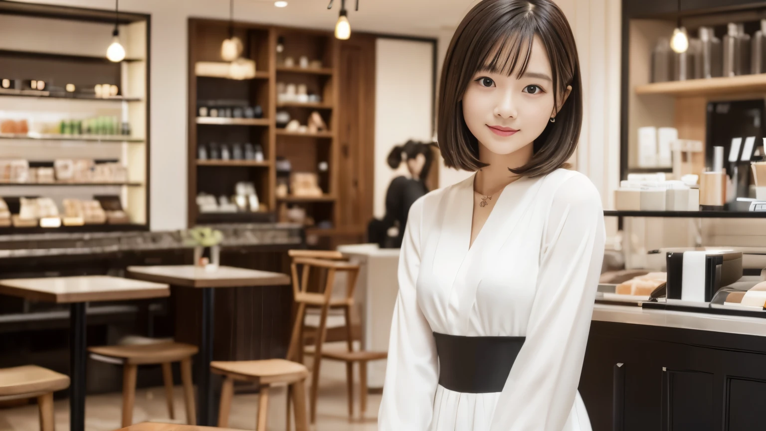 (((Cafe:1.3, Inside the store, Photographed from the front))), ((Beauty Salon Model:1.3,Black and white bicolor dress, Japanese women, cute)), (clean, Natural Makeup), (highest quality, masterpiece:1.3, 超High resolution), (Very detailed, Caustics), (Realistic:1.4, RAW shooting), Very detailed, High resolution, 16K resolution,Dress neatly,CafeInside the storeで撮影