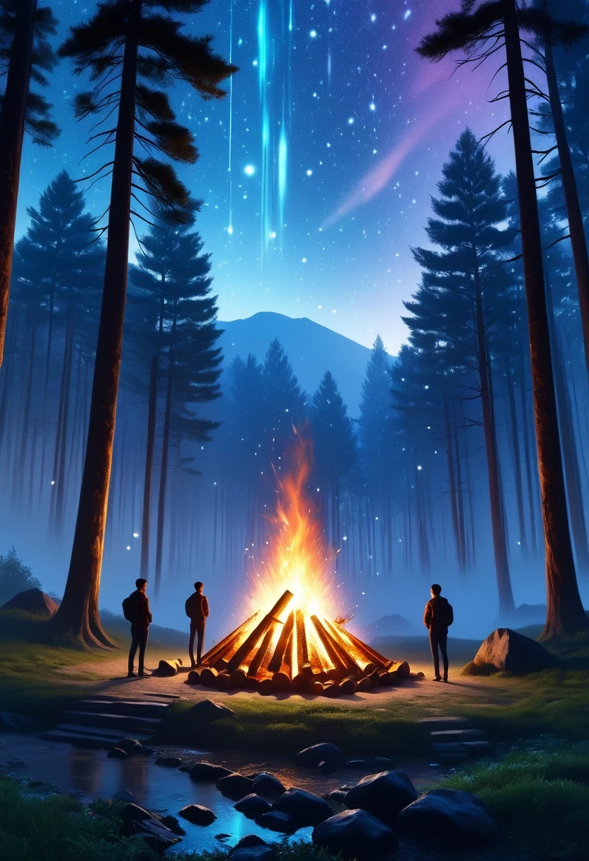 landscape, summer, night, forest, Bonfire in one place, unmanned, unmanned, Starry Sky, High definition details, Ultra Detailed, Movie, Surrealism, Soft Light, deep focus bokeh, Ray Tracing, Surrealism. , Art Station Pixiv Gees, author：Xin Haicheng, Art sprouts